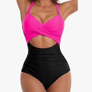 Pink and Black One Piece Swimsuit with Cross-Back Design XS
